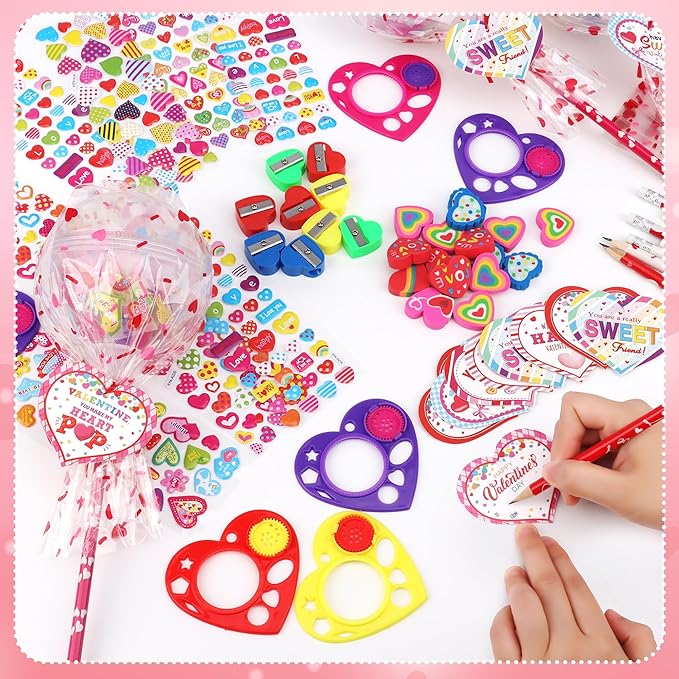 POPGIFTU Valentine Classroom Exchange Gifts for Kids – 28 Pack Lollipop-Shaped Stationery with Cards, Pencils, Erasers, Rulers & Stickers for Boys and Girls, Party Favors for School