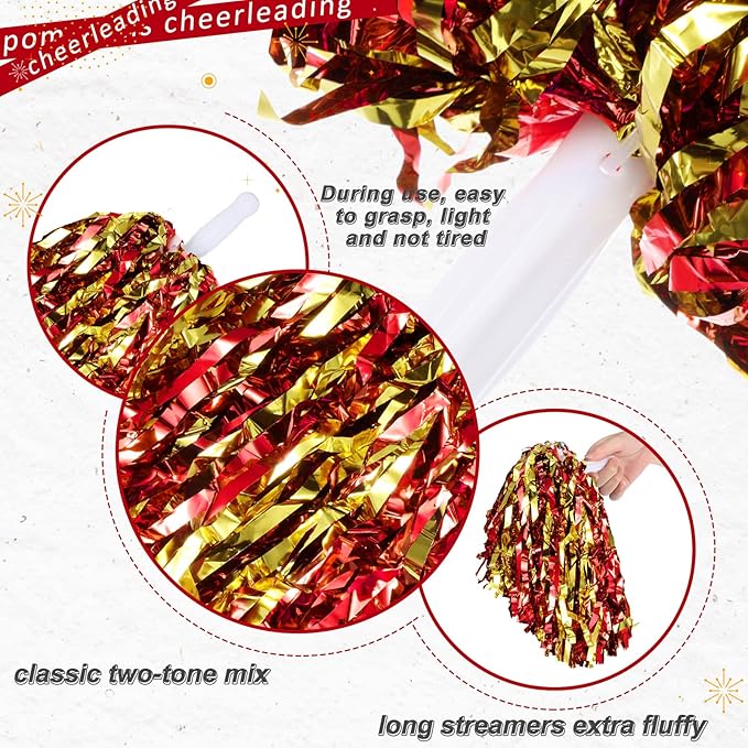 Hanaive 100Pcs Metallic Cheerleading Pom Poms with Baton Handle Cheerleader Pompom Foil 30g Cheering Squad Hand Flowers for Adults Team Spirit Sports Party Cheering