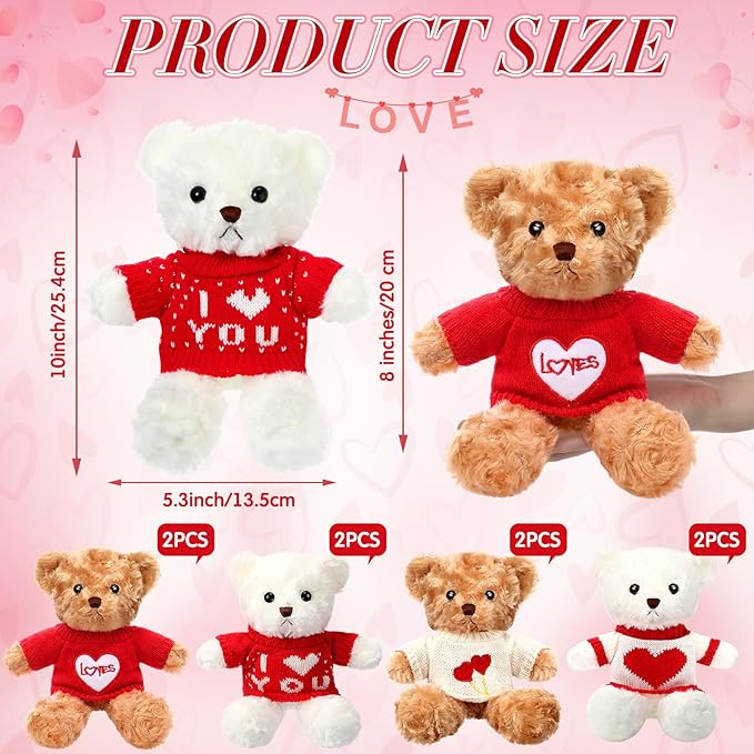 Hungdao 8 Pcs Valentines Bears Bulk 9.84 Inch Valentines Stuffed Animals Bulk Small Cute Plush Bears with Heart Clothes Valentine Gifts for Girlfriend Mother's Day Wedding Birthday Party(Cute Style)