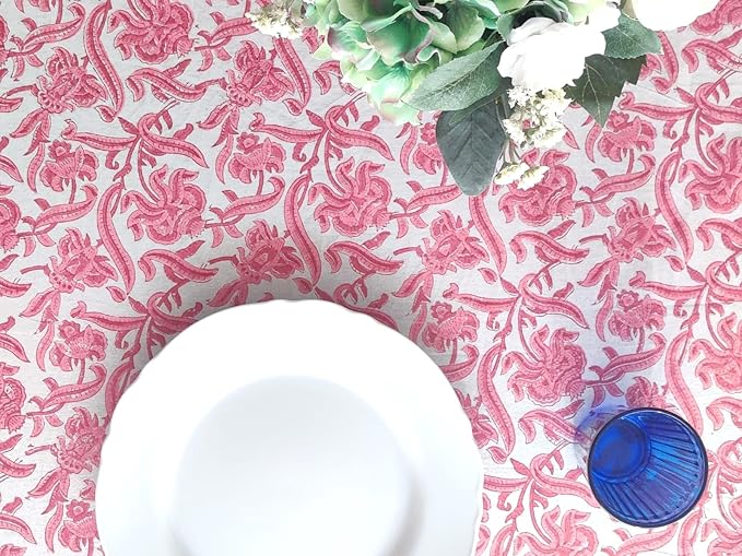 ATOSII Red Bloom 100% Cotton Rectangle Tablecloth, Block Print Floral Linen Table Cloth for Dining Parties Outdoors Weddings Holidays I 72 X 108 Inches, 8 Seater, Summer Farmhouse Grandmillennial