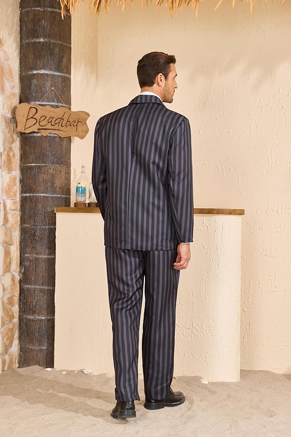 Men's 1920s Gangster Costume Wig Pinstripe Suit Blazer Jacket Shirt Pants Set with Necktie Halloween Cosplay Outfits