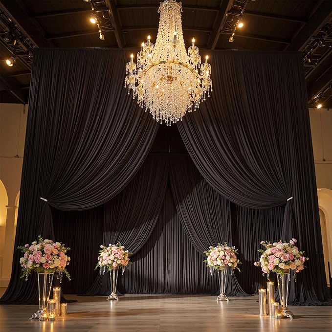 50ft x 15ft Black Wrinkle Free Backdrop Curtains for Parties,Silky Polyester Fabric Wedding Ceiling Drapes-10 Panels 15ft Photo Back Drop Drapes for Baby Shower Photography Stage Background Cloth