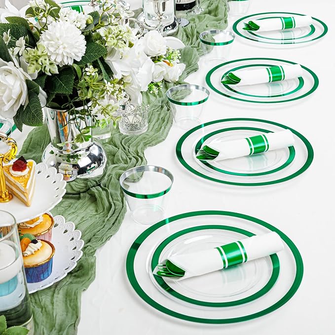 I00000 350 Pcs Green Plastic Plates-Clear Dinnerware Set for Party,Include 100 Dinner and Dessert Plates,50 Plastic Cups 9 OZ,50 Per Rolled Napkins with Cutlery for St. Patrick's Day