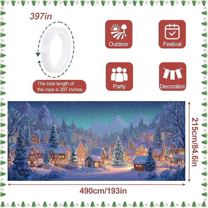 Christmas Garage Door Banner 7x16FT Winter Village Scene, Large Snowy Town Garage Door Cover, Outdoor Xmas Decoration Backdrop for Yard, Driveway & Holiday Parties