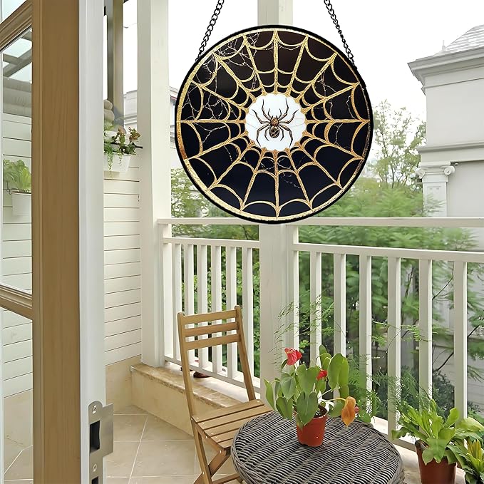 Stained Glass Window Hanging - Black Gold Spider Suncatcher for Door Terrace Garden Home Decor Halloween Sun Catcher Christmas Birthday Gifts for Lovers Women Men Dad Mom Nana 11.8 in
