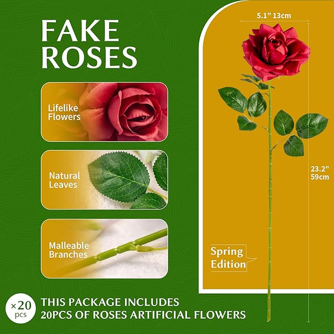 Artificial Flowers Artificial Roses Fake Roses 20PCS Long Stem Artificial Flowers for Tall Vase Silk Rose Suitable for Indoor Wedding Party Decor Valentine's Day DIY Bouquet Spring,Red, 23.2In