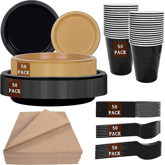 MirthMood 350PCS Black and Gold Plastic Plates,Black Disposable Plates –Plastic Plates Set Includes 50 Dinner,50 Dessert Plate,50 Cup&50 Napkins, 50 Black Silverware for Wedding& Parties