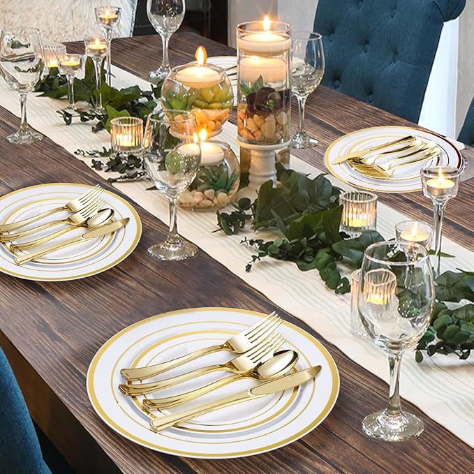 Bestvip 150PCS Gold Plastic Plate Set (25 Guests), Plastic Plates for Party Wedding Birthday, Disposable Dinnerware Set of 50 Plastic Plates, 50 Forks, 25 Spoons, 25 Knives
