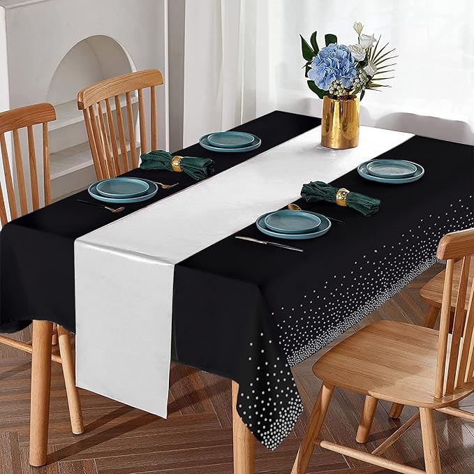 24Pack Disposable Plastic Tablecloths and Satin Table Runner Set Black and Silver Dot Tablecloth Silver Satin Table Runner for Wedding Birthday Baby Shower Anniversary Christmas New Year Party Supply