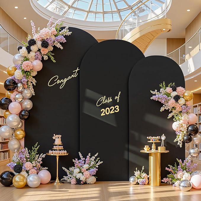 Black Arch Backdrop Cover Set of 3 - Spandex Arch Covers 7.2FT 6.6FT 6FT Stretchy Fabric Backdrop for Wedding Ceremony, Bridal Baby Shower, Birthday Party, Photo Booth Background Decor