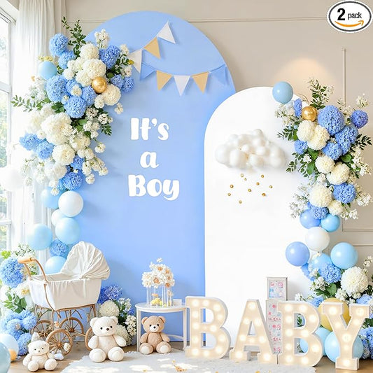 White Blue Photo Arch Backdrop Cover Set of 2 Spandex 7.2 and 6ft Arch Covers Stretchy Backdrop Baby Shower Arch Stand Covers for Boys Birthday Party Wedding Balloon Arch Background Decorations