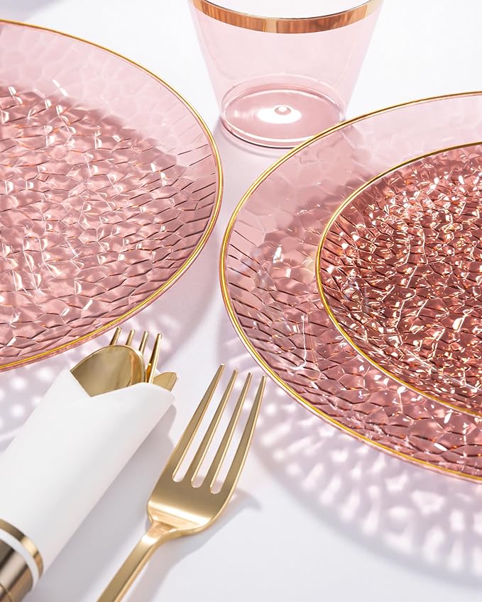 Hioasis 175PCS Clear Burgundy Plastic Plates - Hammered Disposable Dinnerware Set for Party Includes 25 Dinner Tableware, 25 Dessert Tableware,25 Cups,25 Rolled Napkin Cutlery Perfect for Party