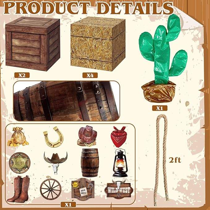 20 Pcs Western Cowboy Party Decorations Hay Bales Straw Boxes Inflatable Cactus Cowgirl Card Hat Horseshoe for Birthday Photo Booth Props Cowboy Party Birthday Farm