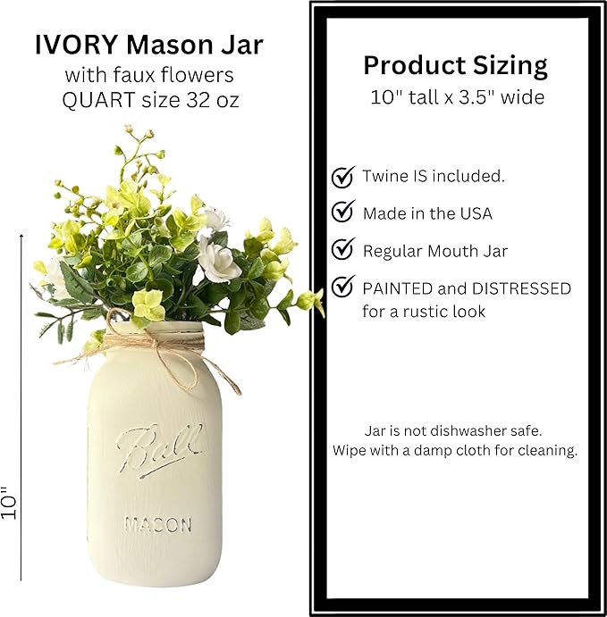 Flower Centerpieces for Tables Bulk - Ivory Mason Jar Centerpieces for Tables, Set of 5-32 oz Hand-Painted Mason Jars - Rustic Bridal Shower Decor for Tables Wedding (5 Ivory w/Greenery/Ivory)