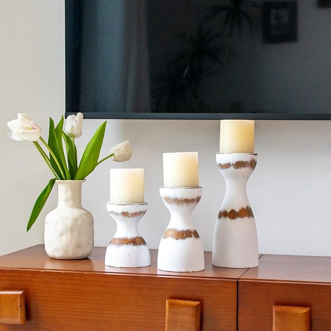 Set of 3 Farmhouse Wooden Candle Holders for Pillar Candles, White Distresse Rustic Wood Pillar Candle Stands with Hemp Rope Bow Table Centerpiece Decor for Fireplace, Living, and Dining Room