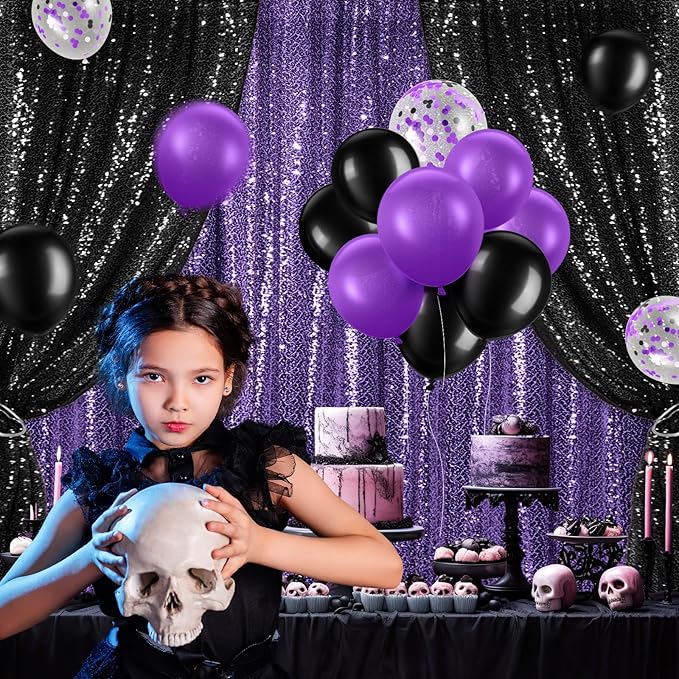 137 Pcs Purple Black Party Backdrop Kits - 4 Sequin Backdrop Curtain 133 Balloon Arch Garland Kit Photo Background for Birthday Christmas New Year Halloween Graduation Weeding Decor