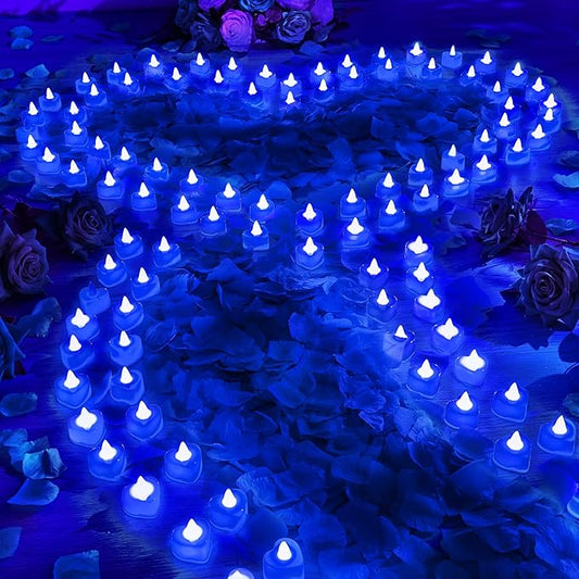 Coume 6000 Pcs Artificial Rose Petals with 120 Pcs Heart LED Tea Lights Candles Kit Valentines Rose Petals Candles Set for Romantic Night Anniversary Proposal Wedding Date Hotel(Blue Light)