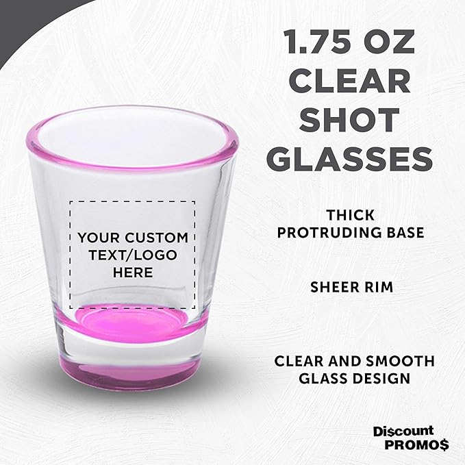 DISCOUNT PROMOS Custom Shot Glasses 1.75 oz. Set of 10/50/100, Personalized Bulk Pack - Great for Wedding Favors, Bachelorette Decorations, Party Favors - Pink Bottom Color