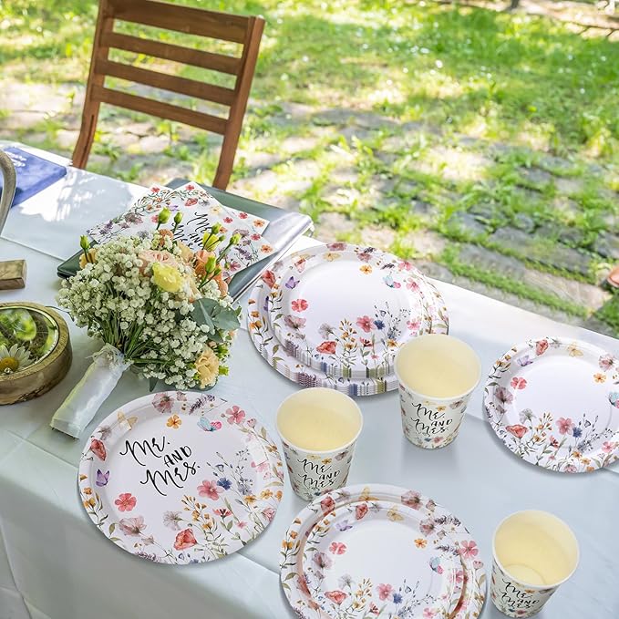 Zhehao 250 Pcs Mr. and Mrs. Bridal Shower Plates Napkins Sets 50 Pcs 9'' Dinner Plates and 7'' Dessert Plate and 9oz Cups 100 Napkins Serves 50 Party Supplies Bridal Shower Engagement Decoration