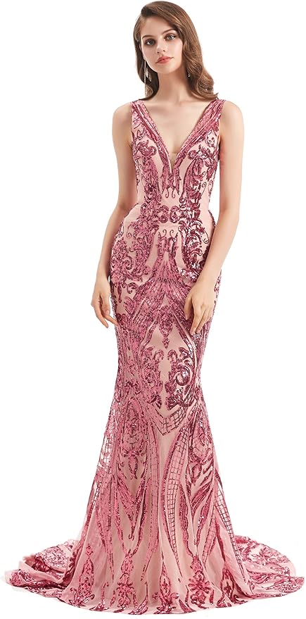 Women's Double V-Neck Sequins Lace-up Mermaid Evening Dress