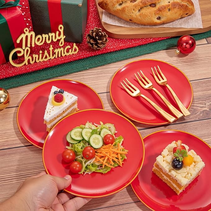 Festiva 200Pcs Red Gold Dessert Plates 6.3" with Plastic Forks 5"-Small Disposable Plates- Dessert/Cake/Appetizer Plastic Plates include 100Plates 100Forks for Birthday Party&Valentine's Day