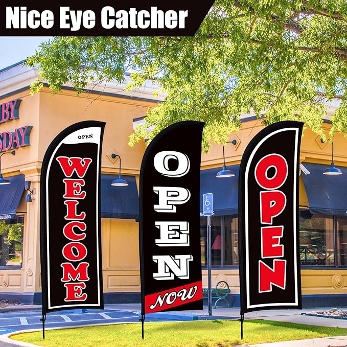 Buryeah 3 Sets Now Open Feather Flag Banner for Business Advertising 7 Feet Tall Grand Opening Feather Flag Sign with Fiberglass Pole Kit Rotating Ground Spike and Portable Bag (Black)