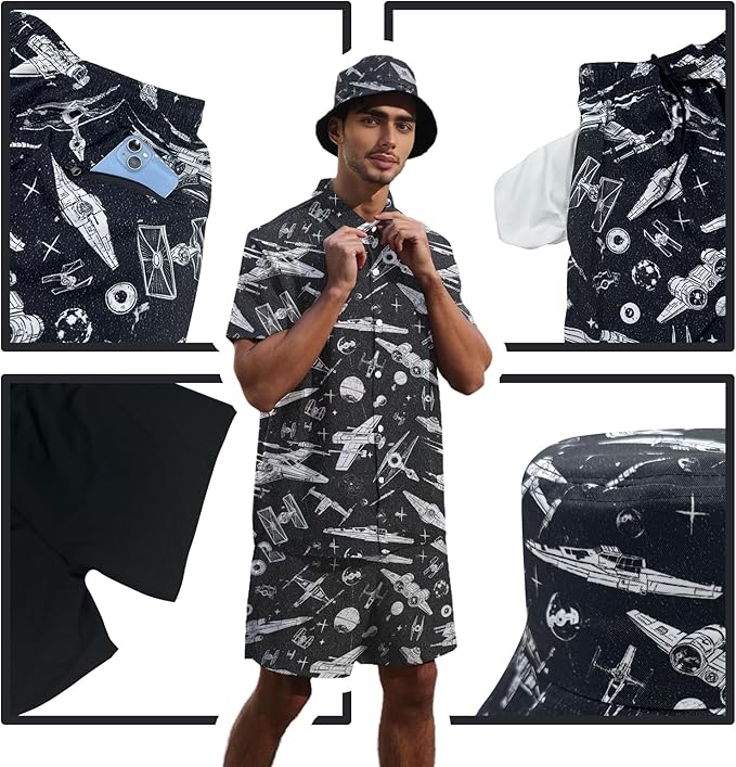 Men's Hawaiian Shirt and Shorts Set 2 Piece Beach Outfits with Bucket Hats for Beach Days and Summer Vibes