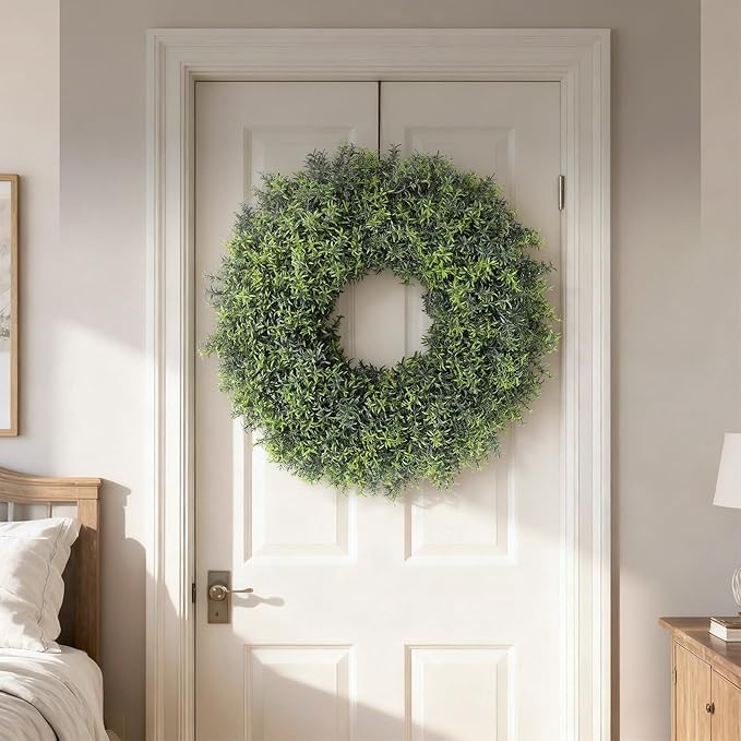 26" Large Artificial Rosemary Wreath for Front Door - UV Resistant Realistic Rosemary Plant, Fake Spring/Summer Greenery Wreath for Wall Window Farmhouse Fireplace Decor