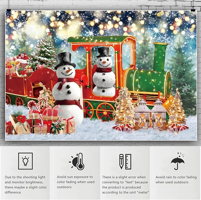 YongFoto Merry Christmas Backdrop 12x10ft Snow Scene Train Snowman Christmas Tree Gift Photography Background Happy New Year Xmas Eve Family Party Banner Room Decor Photoshoot Wallpaper Photo Booth