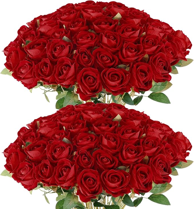 Artificial Velvet Silk White Roses for Wedding Centerpieces & Bridal Bouquets - Mother's Day & Valentine's Day Home Decor (120, Red)