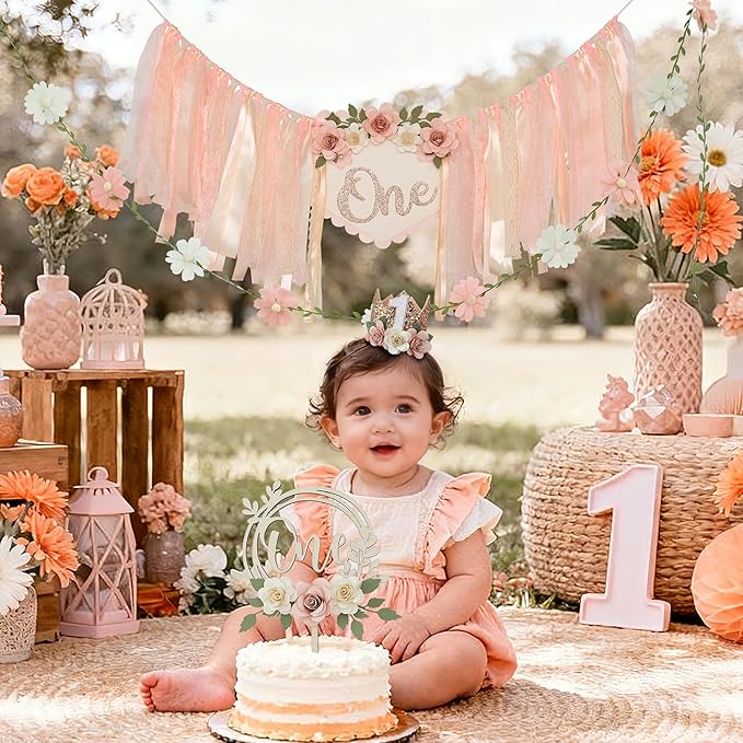 First Birthday Decorations for Girl Light Pink High Chair Banner One Flower Cake Topper Floral Hat Wildflower Garland 1st Birthday Decoration Supplies