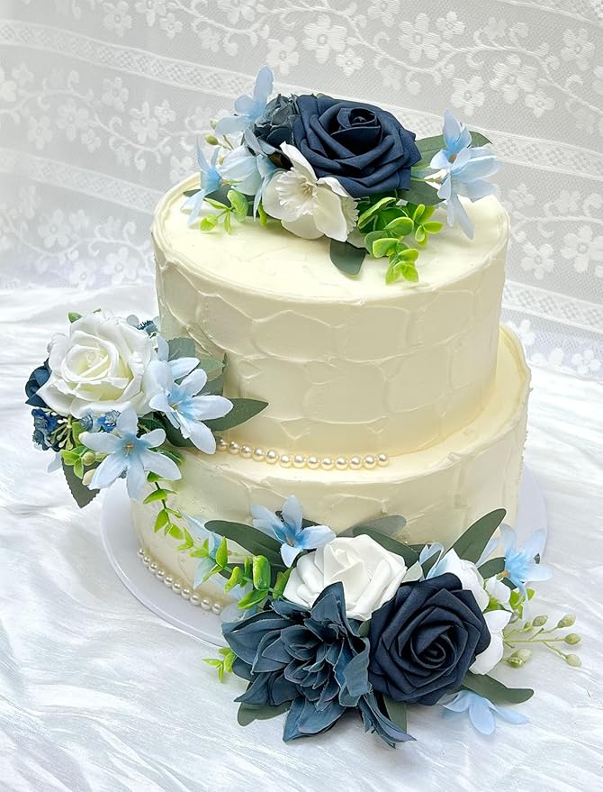CherishedMoments 3Pcs Cake Topper Set, Wedding Artificial Flowers Decor Blue Cake Topper Decorations for Wedding Ceremony Anniversary, Wedding Home Decor,Fall Vintage Wedding