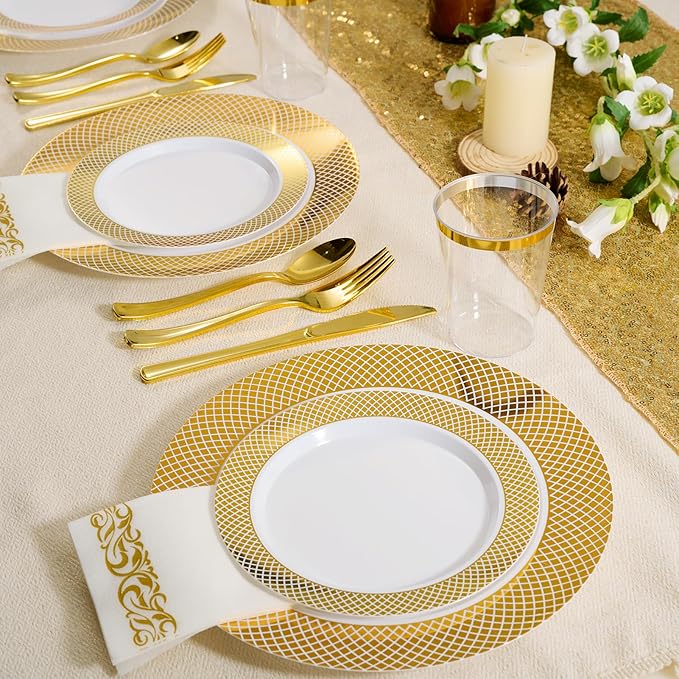 FOCUSLINE Gold Plastic Plates Set of 102, Disposable Plates with Gold Grid Rim 51 Dinner Plates 10" and 51 Salad Dessert Appetizer Plate 7", Elegant Fancy Heavy Duty Wedding Party Plate
