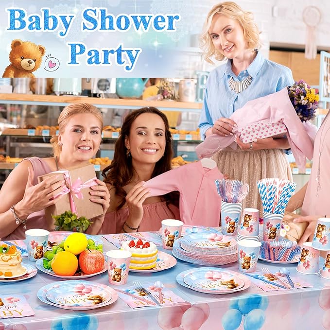 452 Pcs Bear Themed Gender Reveal Party Decorations for 50, Boy or Girl Gender Reveal Paper Plates Napkins Cups Tablecloth Cutlery Straws for Pink Blue Baby Shower Party Supplies