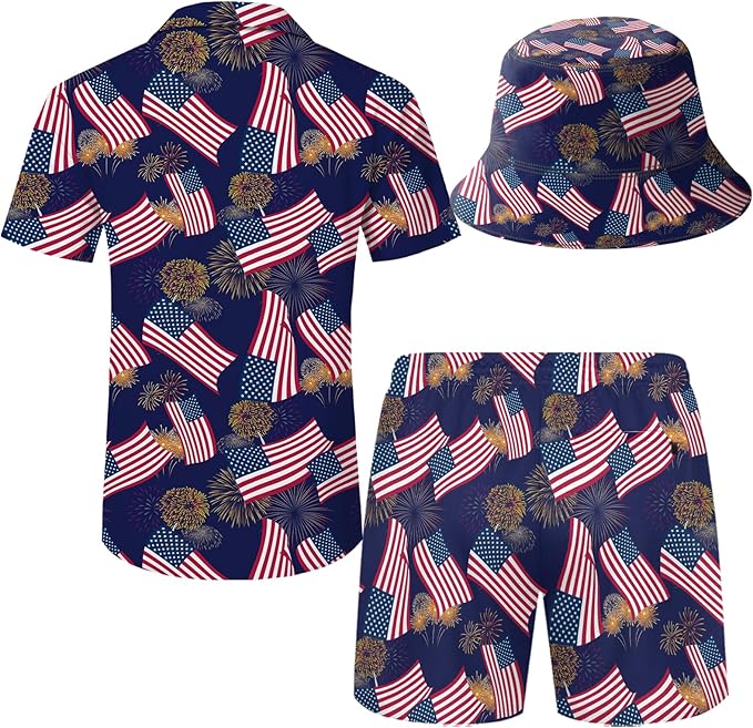 Men's Hawaiian Shirt and Shorts Set 2 Piece Beach Outfits with Bucket Hats for Beach Days and Summer Vibes