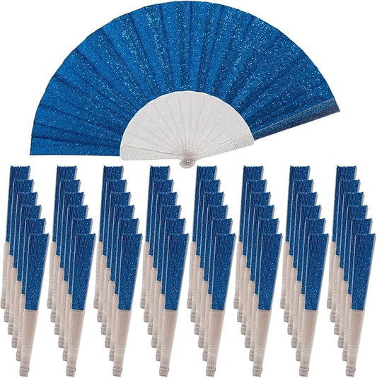 48 Pack Handheld Fan,Folding Hand Glitter fan with Shining Transparent Fan Rib – Ideal for Wedding, Church, Festival, Dance, Tea Party, Club, and EDM Accessories, Royal blue