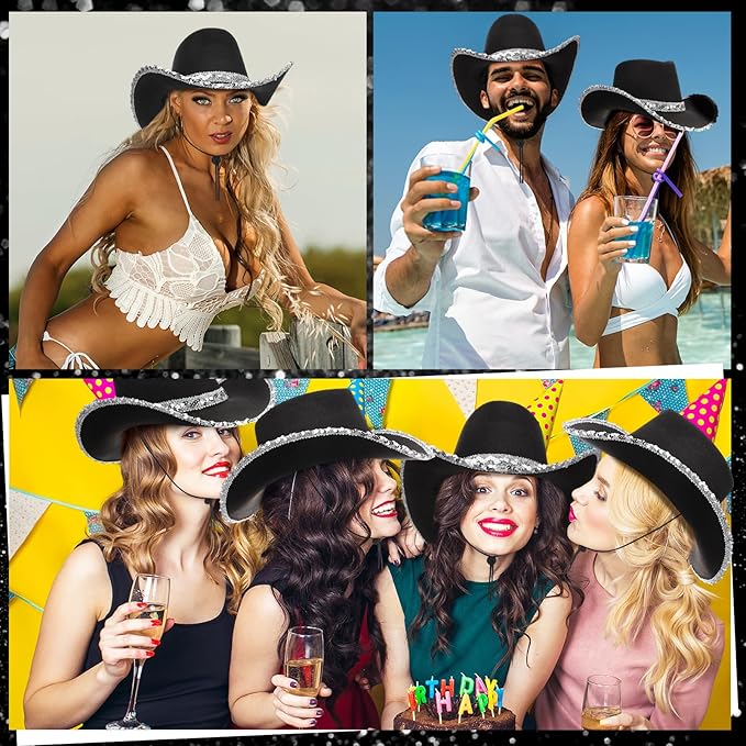 Hercicy 6 Pack Western Cowboy Hats with Rhinestone Tassel Bands Sequin Trim Sparkly Cowgirl Party Hats for Adults Women Men