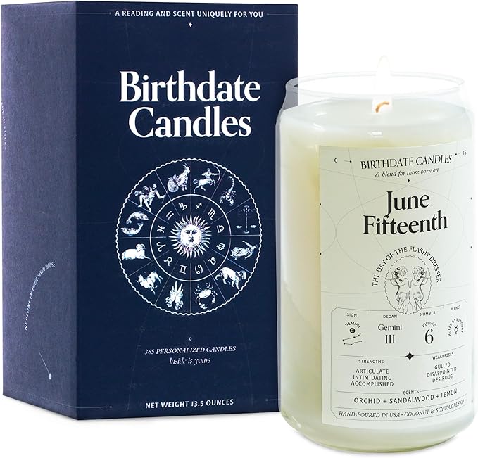 Birthdate Candles, June 15 - Gemini Zodiac Scented Candles Birthday Gift - Orchid, Sandalwood & Lemon Scent - All-Natural Soy & Coconut Wax, 60-80 Hour Burn Time - Made in USA