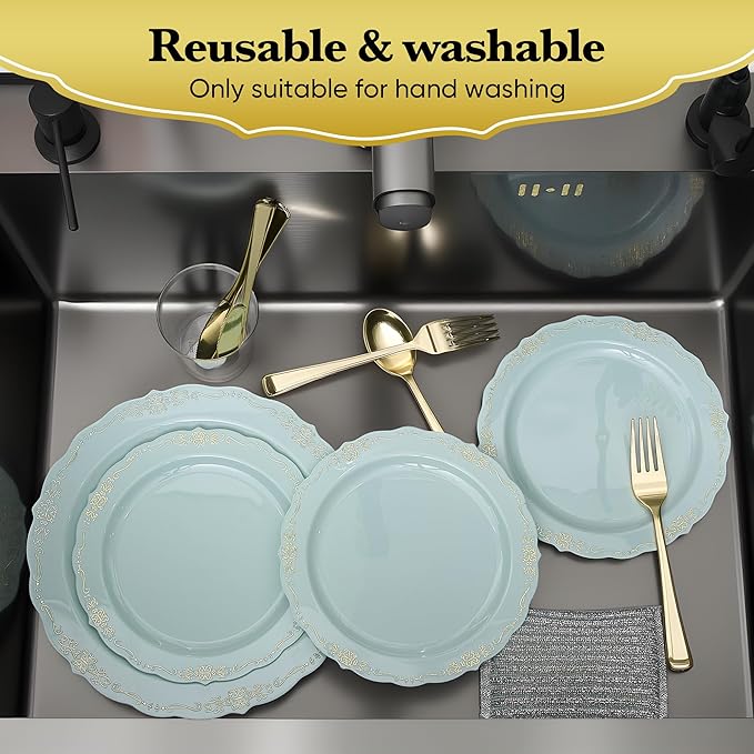 Fijinhom175 PCS Green Disposable Plates, Elegant Dinnerware Set for 25 Guests, 50 Plastic Plates, 75 Silverware, 25 Cups & 25 Paper Napkins, Green