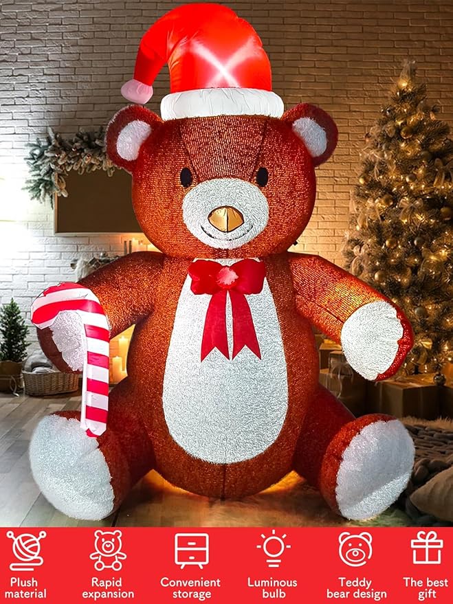 Kalolary Fluffy Bear Inflatable with LED Light, Christmas Blow Up Indoor Decoration, Xmas Teddy Yard Inflatable for Holiday Family Party Lawn Decor