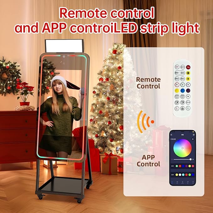 MWE Magic Mirror Photo Booth Machine Touch Screen with Printer,12MP 4K HD Camera,RGB Surround Light Music Sync,Professional Photography Light,Dual System,Software APP Remote Control (47in+Printer)