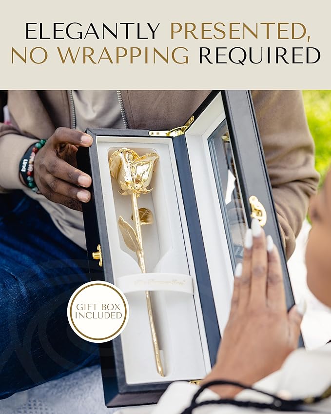 Forever Rose 24K Gold Dipped Real Rose – Handmade, Long-Lasting Preserved Flower in Leather Case – Romantic Gift for Anniversary, Valentine's Day, Mother's Day, Birthday, Wedding, Wife, Girlfriend