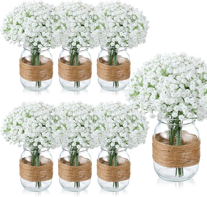 43 Pcs/ 6 Set Babybreath Mason Jar Table Centerpiece Mason Jar Vases Faux Floral with Rope Boho Rustic Flower Table Decoration for Reception Engagement Party Bridal Shower Wedding