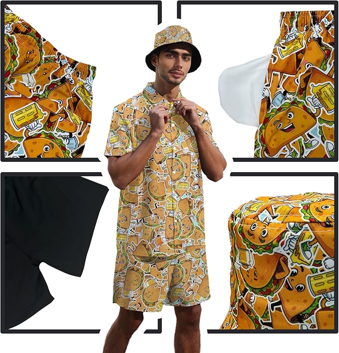 Men's Hawaiian Shirt and Shorts Set 2 Piece Beach Outfits with Bucket Hats for Beach Days and Summer Vibes