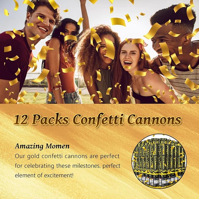 Confetti Cannon Gold Party Poppers 12 Pack Party Cannon Confetti Shooters for Celebrations Wedding Birthday Graduation Golden Foil 12 inch Confetti Poppers for Christmas New Year Eve Parties Supply