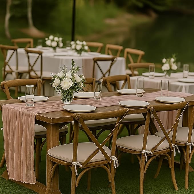 12 Pack Dusty Pink Cheesecloth Table Runners – 10FT Blush Gauze Boho Table Decor Set for Bridal Shower, Mother’s Day Brunch, Baby Girl Party, or Romantic Wedding Reception