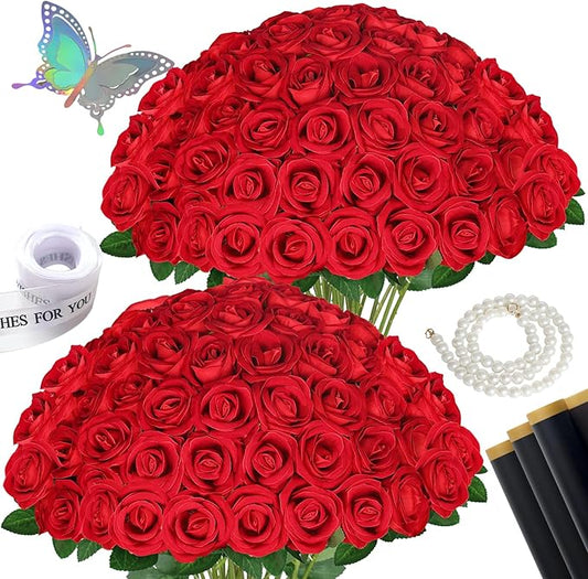 100 Pcs Fake Red Roses Artificial Flowers Bulk, Faux Velvet Silk Rose Bouquet with Long Stems Real Look for Wedding Party Centerpieces Vases Decor