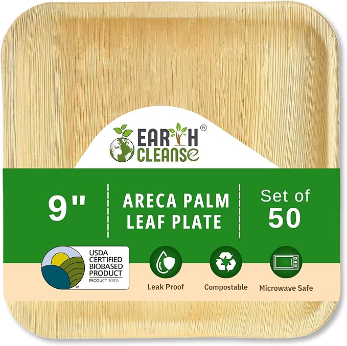 100% Compostable Palm Leaf Plates 9 Inch Square (50 Pack) | Disposable Biodegradable Plates Like Bamboo & Wooden | Microwave & Oven Safe | Eco-Friendly