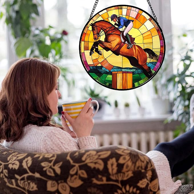 Stained Glass Window Hanging Equestrian Sports Large 11.8" - Horse Suncatcher Door Garden Sunroom Sun Catcher Home Decor Birthday Christmas for Mom Men Woman Nana