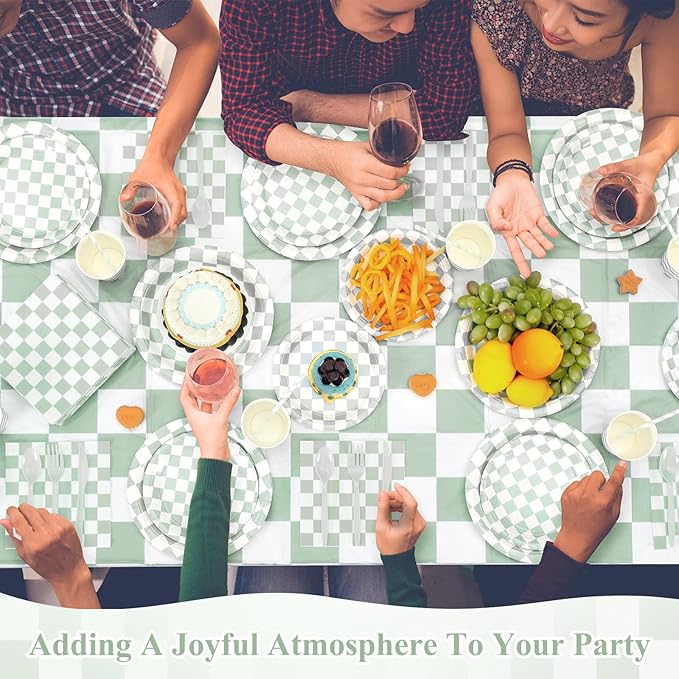 452 Pcs Sage Green Gingham Party Supplies for 50, Light Green and White Checkered Gingham Paper Plates Napkins Cups Tablecloth Cutlery Straw for Picnic Birthday Baby Shower Decoration